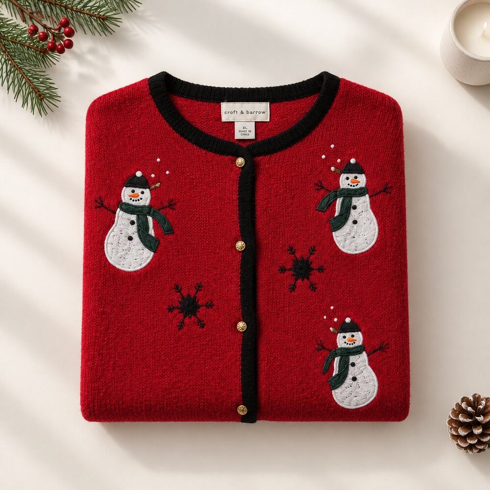 Croft & Barrow XL Vintage Red Christmas Snowman Gold Button Cardigan Sweater